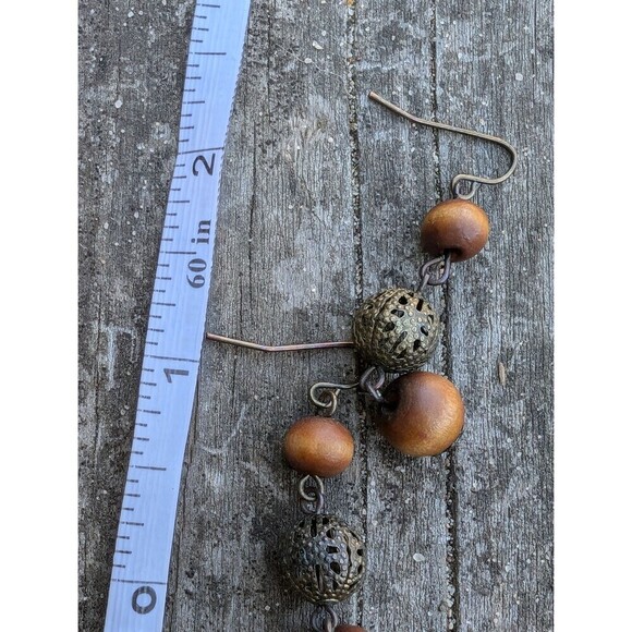 Vintage Wood Bead Dangle Earrings - Picture 8 of 8